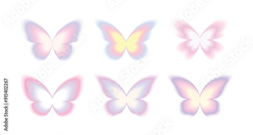 Set of abstract neon blur gradient butterfly shape in pastel color, y2k aesthetic, digital art element for social post, banner, poster.