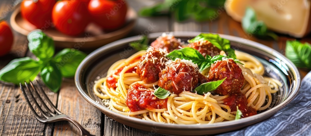 A top view of a plate filled with spaghetti and meatballs. with copy space image. Place for adding text or design A top view of a plate filled with spaghetti and meatballs. with copy space image. Place for adding text or design