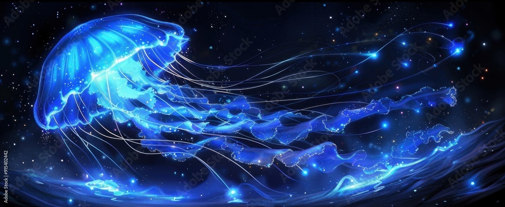 Naklejka premium Stunning digital artwork of a luminescent jellyfish floating in a dark, starry underwater scene, exuding a glowing blue light.