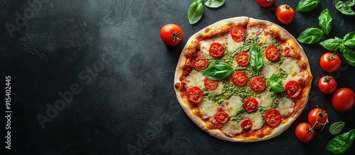Pizza featuring green pesto...