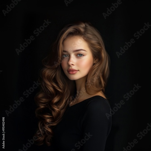 A beautiful young woman with long brown hair styled in elegant curls, wearing light makeup, poses for a close-up portrait against a black background.