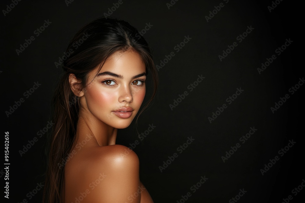 A beautiful brunette woman with clear, fresh skin poses against a black background, turning to look over her shoulder. A beauty concept with space for text. A beautiful brunette woman with clear, fresh skin poses against a black background, turning to look over her shoulder. A beauty concept with space for text.