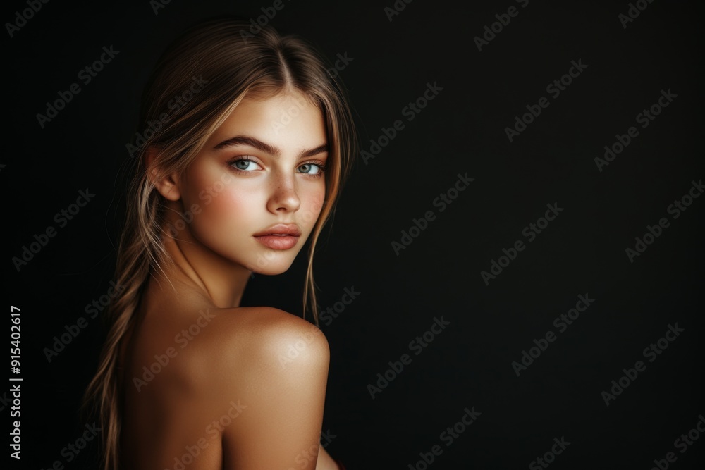 A beautiful woman with blonde hair with clean fresh skin on a black background, a portrait of a young girl looking over her shoulder. A beauty concept with copy space. A beautiful woman with blonde hair with clean fresh skin on a black background, a portrait of a young girl looking over her shoulder. A beauty concept with copy space.