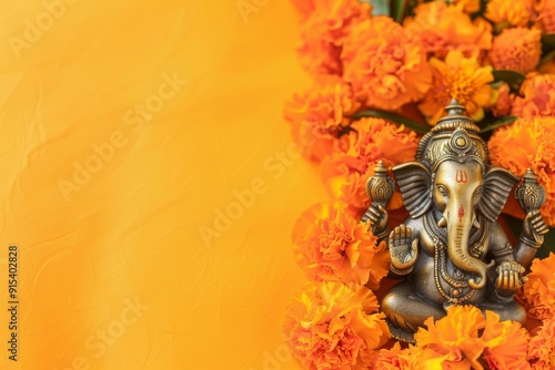 Orange background with Ganesha Chaturthi statue decorated with white flowers with copy space.
