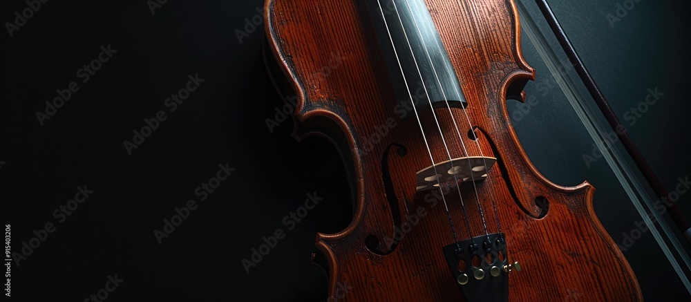 Fototapeta premium Partially lit upper section of a violin isolated against a black background Copy space