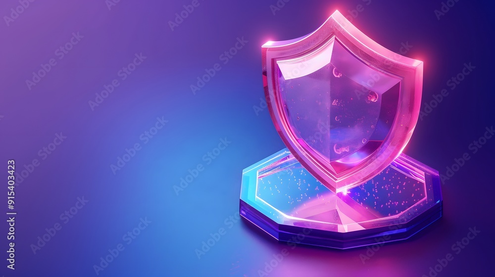 Glowing pink shield on a blue and purple background, symbolizing digital protection and security. Futuristic and modern design concept. Glowing pink shield on a blue and purple background, symbolizing digital protection and security. Futuristic and modern design concept.
