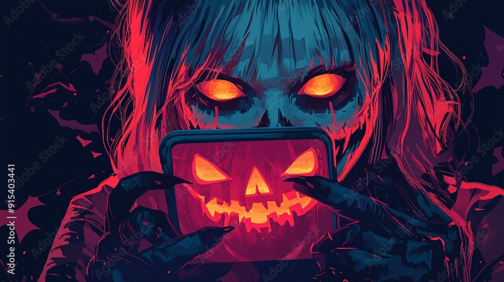 Smiling Woman in Spooky Halloween Makeup Taking Selfie with Smartphone at Costume Party, AI Generated Illustration Smiling Woman in Spooky Halloween Makeup Taking Selfie with Smartphone at Costume Party, AI Generated Illustration