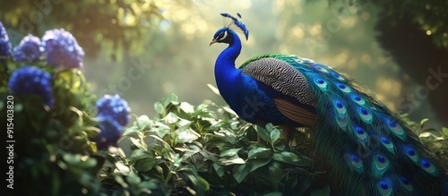 Peacock next to the bush. w...