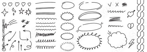 Hand drawn set of line highlighting brushes. Doodle style speech bubble cloud. Hand drawn design elements. Vector illustration