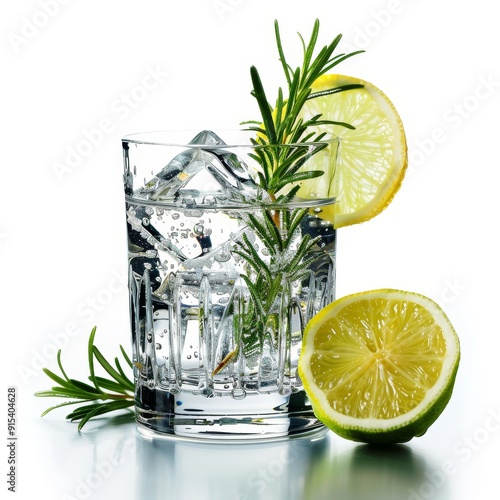 Refreshing and delicious gin and tonic with a twist of lime and rosemary. The perfect summer drink to enjoy with friends. photo