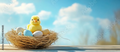 Children s Easter backdrop A bird s nest with small eggs and a toy yellow chick on a board under the blue sky Copy space Area for text Front view photo