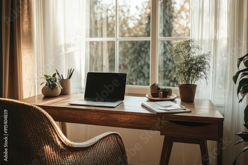 Modern minimalist home office interior with laptop on desk by window