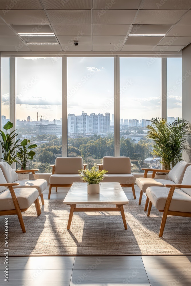 Modern office lounge area overlooking a cityscape Modern office lounge area overlooking a cityscape