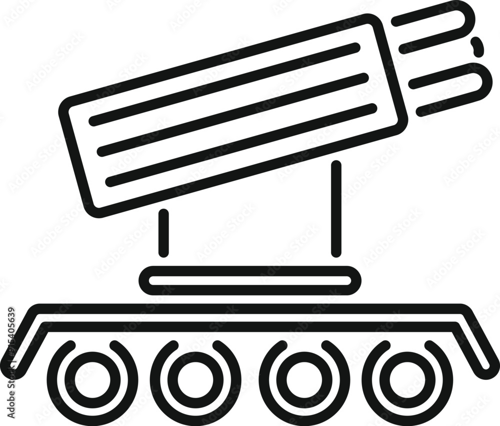 Military rocket launcher on wheels aiming for target, line art icon representing artillery and warfare Military rocket launcher on wheels aiming for target, line art icon representing artillery and warfare
