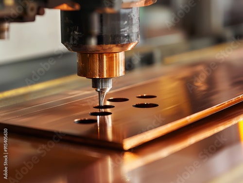 Close-up of a CNC Machine Drilling Holes into Copper Sheet Metal