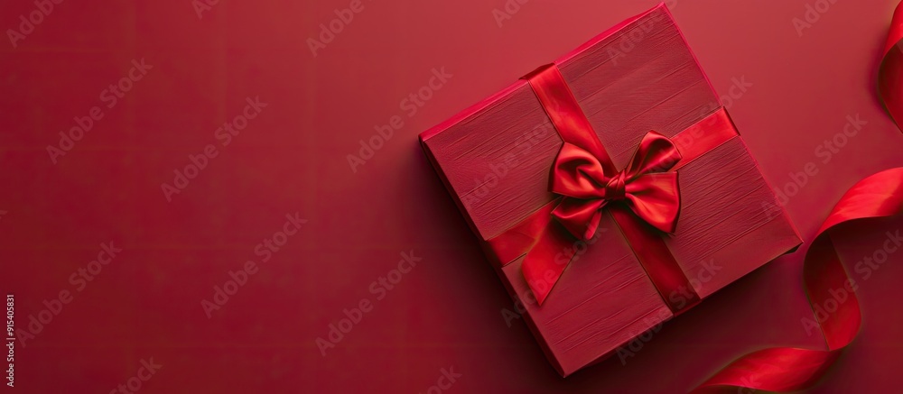 Banner featuring a white paper gift box adorned with a red ribbon bow on a red background Flat lay top view with copyspace from above Banner featuring a white paper gift box adorned with a red ribbon bow on a red background Flat lay top view with copyspace from above