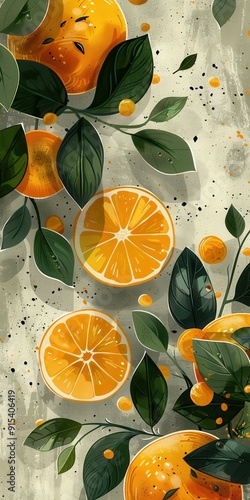 Elegant abstract background featuring vibrant orange slices and green leaves