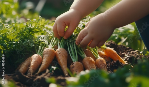 Fototapeta Naklejka Na Ścianę i Meble -  Among the purple carrots in the garden lies a little farmer boy.