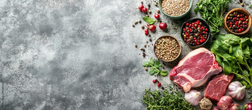 OrganicHealthy featuring organic vegetables herbs raw meat seeds and cereals on a stone background with copy space OrganicHealthy featuring organic vegetables herbs raw meat seeds and cereals on a stone background with copy space