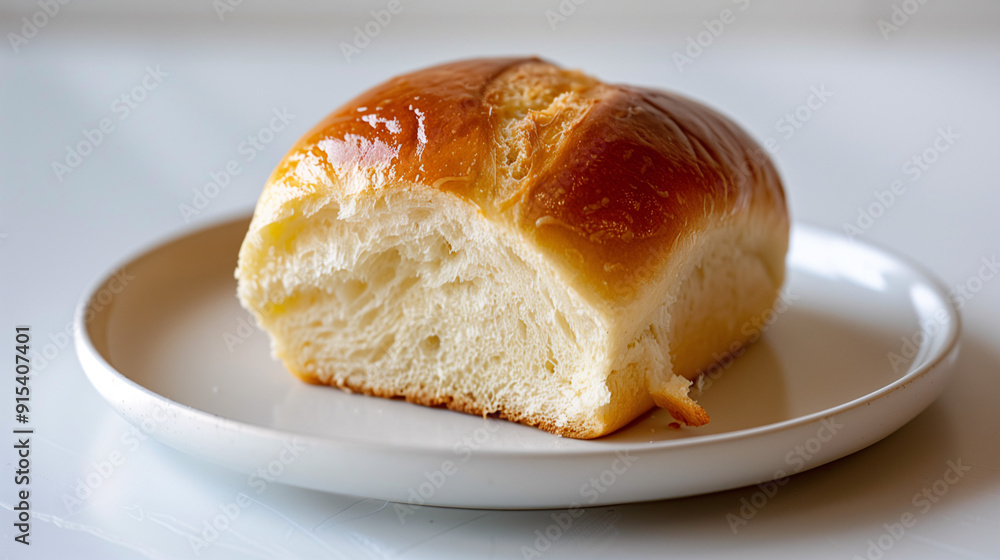 a buttery brioche bun, sliced open to reveal its soft interior, placed on a clean white plate with a simple background to emphasize the pastry's texture a buttery brioche bun, sliced open to reveal its soft interior, placed on a clean white plate with a simple background to emphasize the pastry's texture