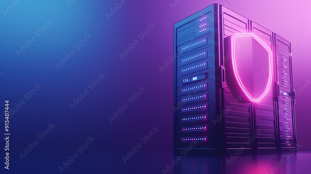 Fototapeta premium Server rack with glowing shield, symbolizing cybersecurity and data protection in vibrant neon colors.