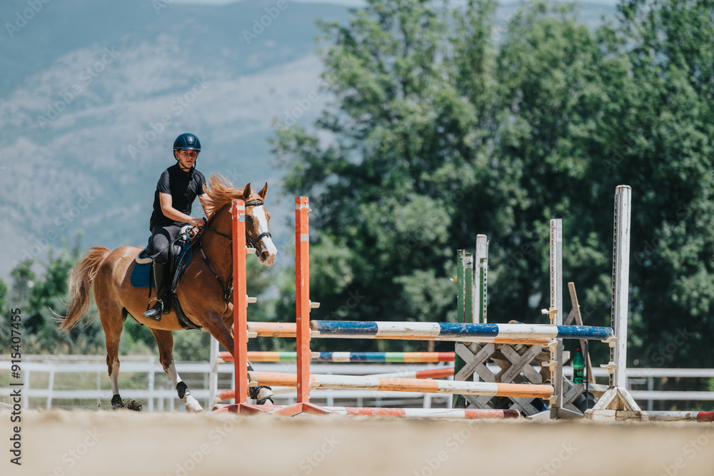 Equestrian competition featuring a rider and horse performing a jump over an obstacle on a sunny day with scenic mountains. Equestrian competition featuring a rider and horse performing a jump over an obstacle on a sunny day with scenic mountains.