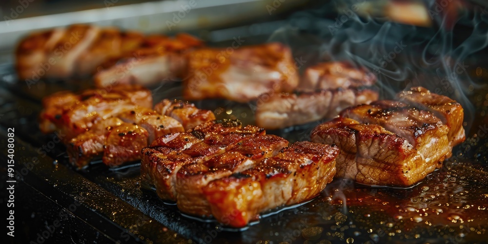 Seared pork cooking on a restaurant griddle surface Seared pork cooking on a restaurant griddle surface