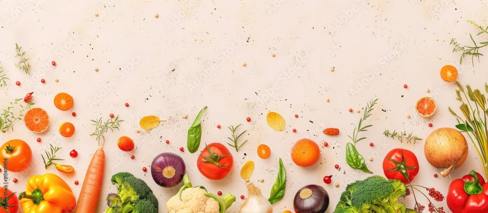 Vegetables arranged flat on a beige background Copy space Harvest season autumn Vegetables arranged flat on a beige background Copy space Harvest season autumn