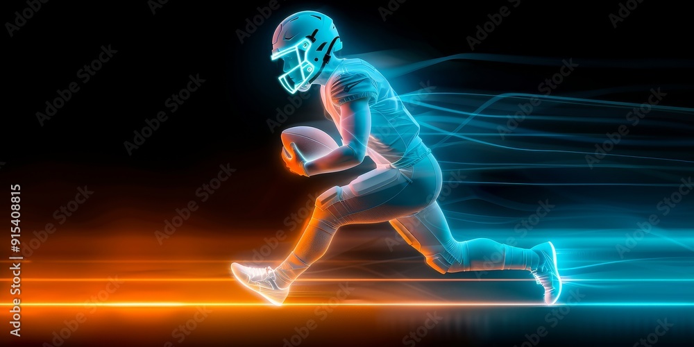 Fototapeta premium Neon Blue and Orange American Football Player Running with Ball