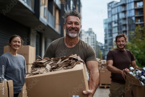 A group of smiling individuals carrying boxes filled with recyclables outdoors, promoting environmental sustainability, community action, and the spirit of cooperation. photo