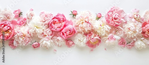 Fototapeta Naklejka Na Ścianę i Meble -  Frame of pink peonies on a white background featuring space for text Top view. with copy space image. Place for adding text or design