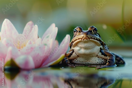 Frog on a water lilly on a lake in special nature reserve. Generative Ai