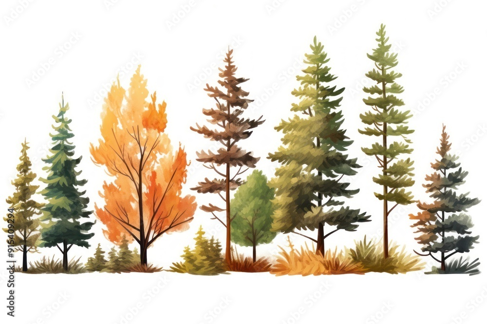 Fototapeta premium Diverse watercolor forest trees