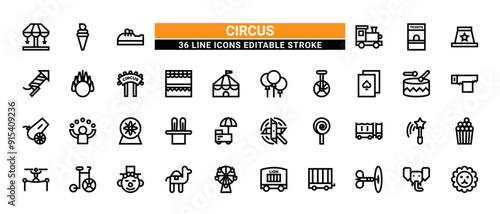 36 Circus Line Icons Set Pack Editable Stroke Vector Illustration.