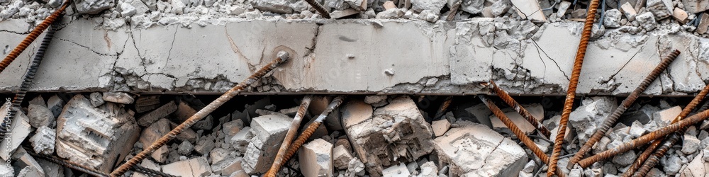 Destroyed concrete building fragments Demolished building remains Broken concrete and reinforcing bars Heap of concrete rubble Close up of construction debris