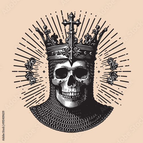 A crowned skull in medieval armor with a chainmail coif and rays of light emanating from behind. Black vintage Engraving vector illustration. Icon, logo, emblem. isolated object. print, tattoo sketch	