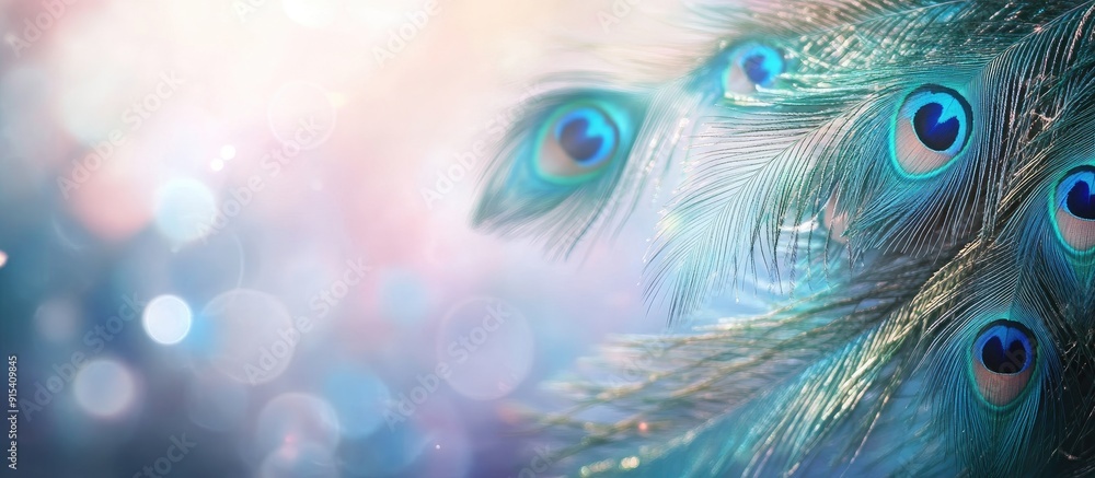 Obraz premium Peacock feathers with a blurred background and text copy space