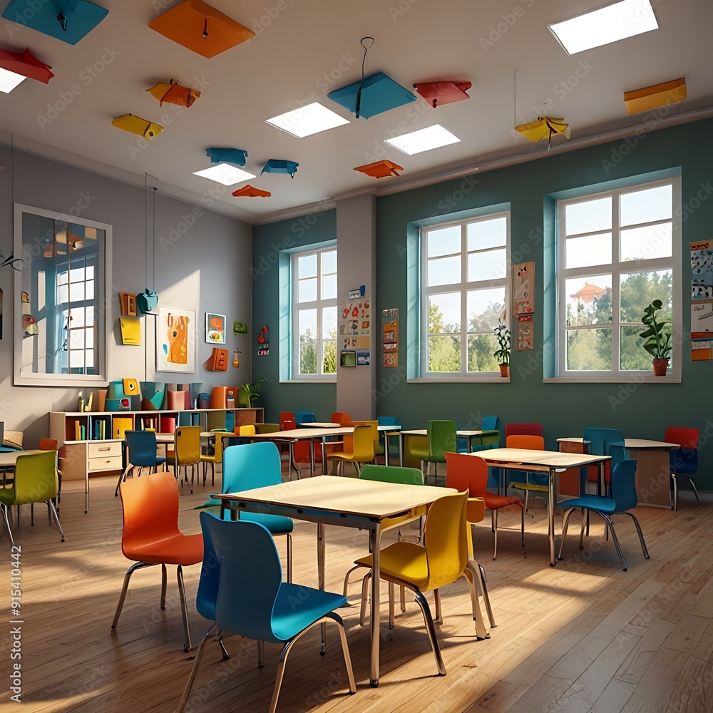 Obraz premium Bright school classroom with all chair facing forward, Vintage school interior, empty school classroom without young student and blurry view of elementary class room no kid or teacher