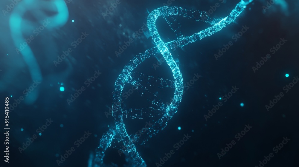 DNA molecule construction image using particles. Digital DNA structure with glow. Research in genetic engineering and biology. DNA molecule construction image using particles. Digital DNA structure with glow. Research in genetic engineering and biology.