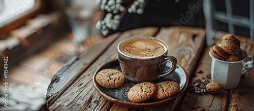 A cup of coffee and cookies on a rustic wooden table Room for text. with copy space image. Place for adding text or design