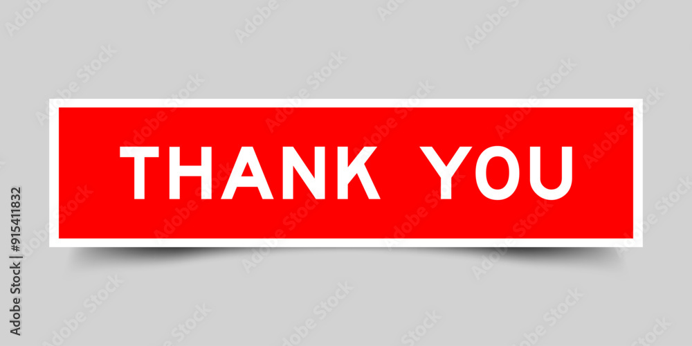 Square sticker label with word thank you in red color on gray background Square sticker label with word thank you in red color on gray background