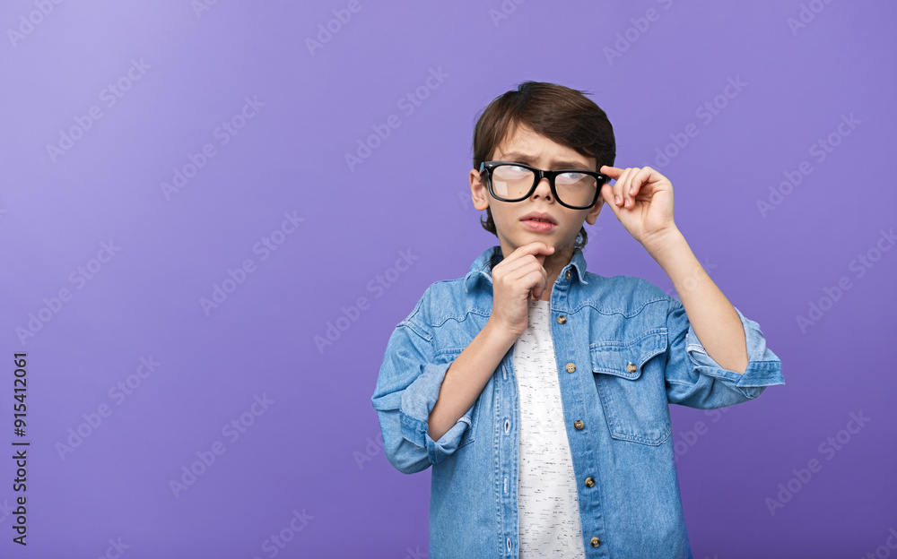 A young boy in glasses and a denim shirt looks thoughtful against a purple background. The image conveys curiosity and contemplation. A young boy in glasses and a denim shirt looks thoughtful against a purple background. The image conveys curiosity and contemplation.