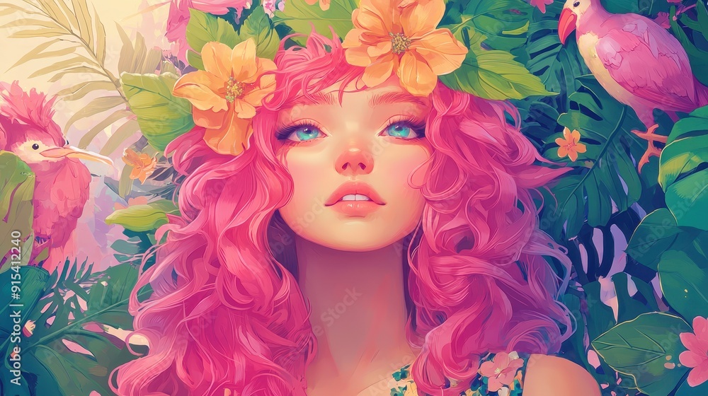 A vibrant portrait of a woman with pink curly hair adorned with flowers, surrounded by tropical foliage and colorful birds. A vibrant portrait of a woman with pink curly hair adorned with flowers, surrounded by tropical foliage and colorful birds.