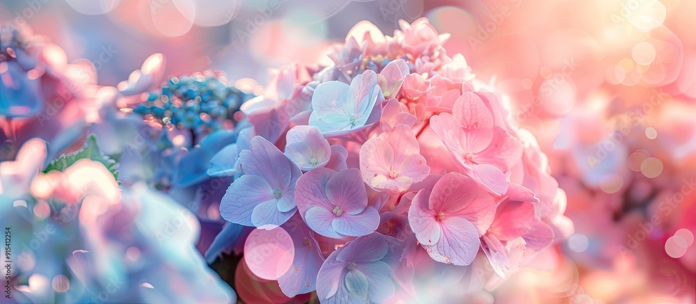 Summer blooming hydrangeas with selective focus shallow depth of field softened tones illuminated with heart shaped bokeh in the background and a pastel gentle card. with copy space image Summer blooming hydrangeas with selective focus shallow depth of field softened tones illuminated with heart shaped bokeh in the background and a pastel gentle card. with copy space image
