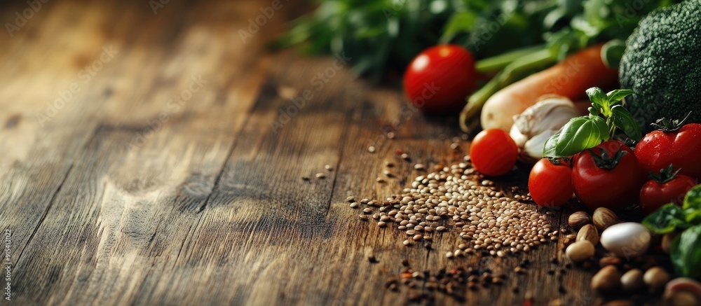 Various vegetables seeds and fruits on a wooden table with space for text Healthy eating. with copy space image. Place for adding text or design Various vegetables seeds and fruits on a wooden table with space for text Healthy eating. with copy space image. Place for adding text or design