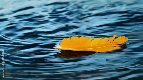 Tranquil yellow feather floating on serene water