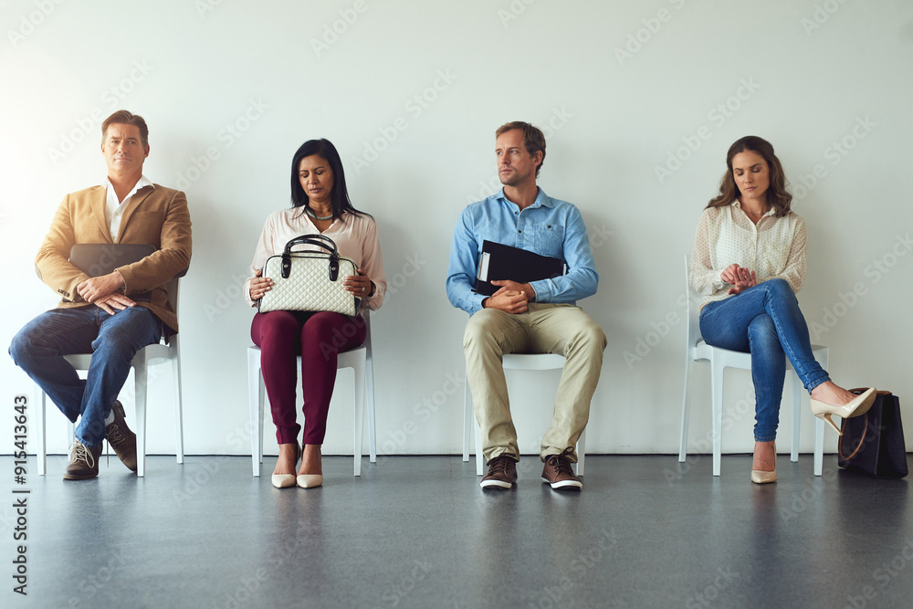 Naklejka premium Interview, people and thinking in waiting room for business, job opportunity and anxiety in office. Recruitment, candidates and inclusion in onboarding for diversity, hiring and application at agency