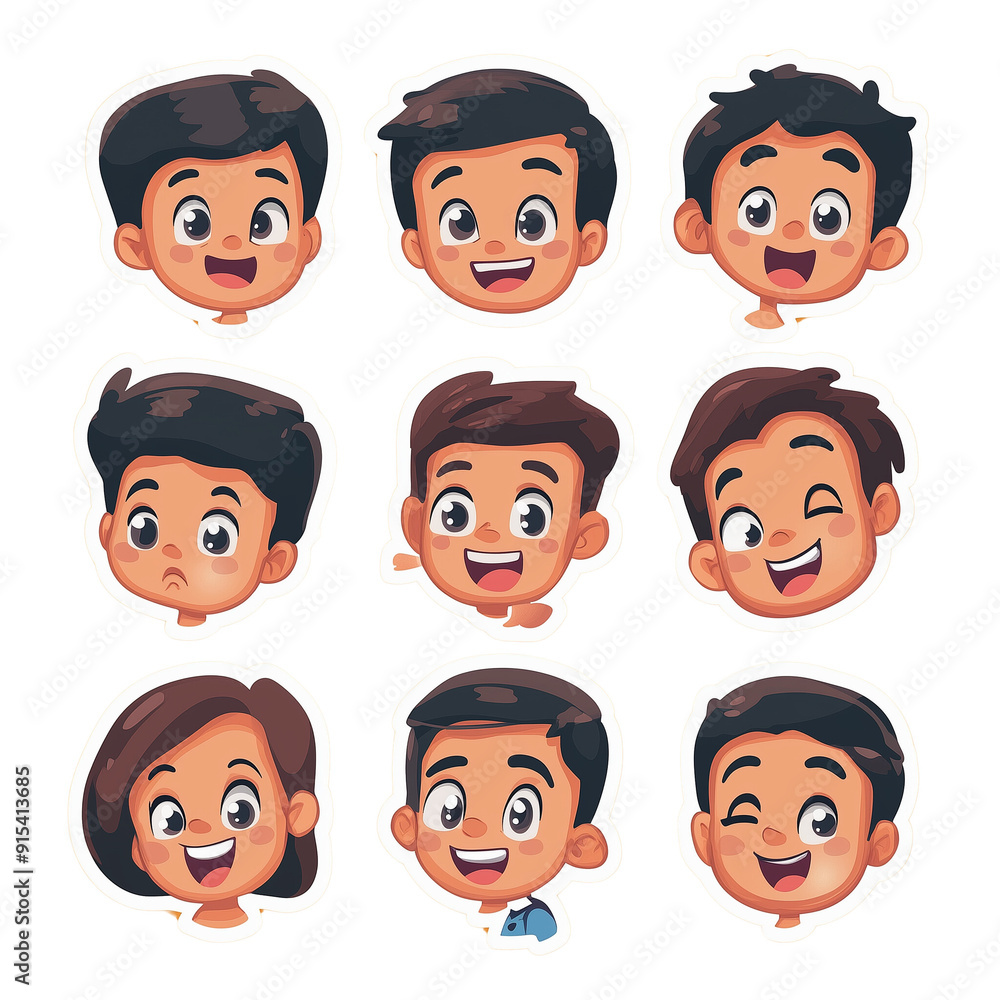Individual faces in different poses, set as a sticker, icon, vector, illustration, book, cartoon, or story.
Individual faces in different poses, set as a sticker, icon, vector, illustration, book, cartoon, or story.