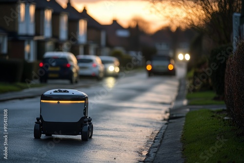 A grocery delivery robot delivering goods in housing area.