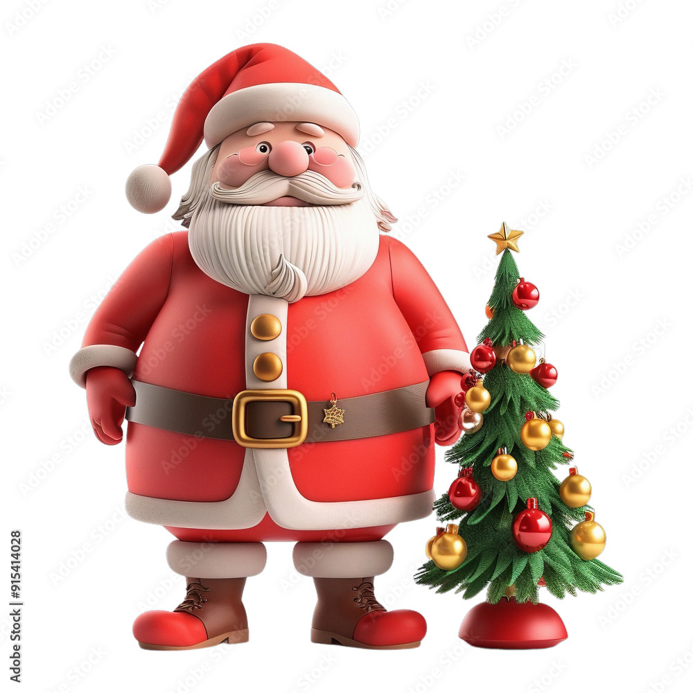 Fototapeta premium 3D Santa Claus stands next to a Christmas tree on transparent background. The tree is decorated with many ornaments, including a star.